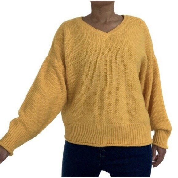 Chunky Knit Sweater Women S Mustard Yellow Oversized Balloon Sleeve VNeck Warm - Picture 3 of 6